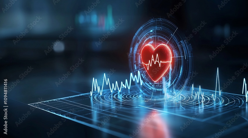 Poster Vibrant glowing heart with a precise electrocardiogram wave shining brilliantly on a soft gradient dark background symbolizing the concept of health vitality and hope
