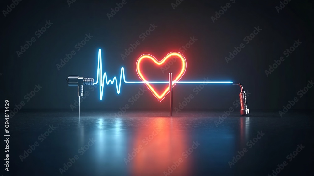Poster stunning visual representation of a vibrant glowing heart and a precise electrocardiogram wave shini