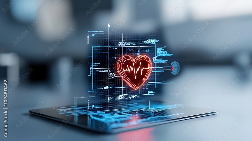 Poster glowing vibrant heart shape and precise electrocardiogram wave shining brilliantly on a soft dark gr