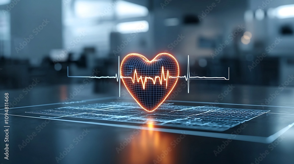Poster glowing heart outlined with a clear pulsating electrocardiogram line surrounded by subtle dark gradi