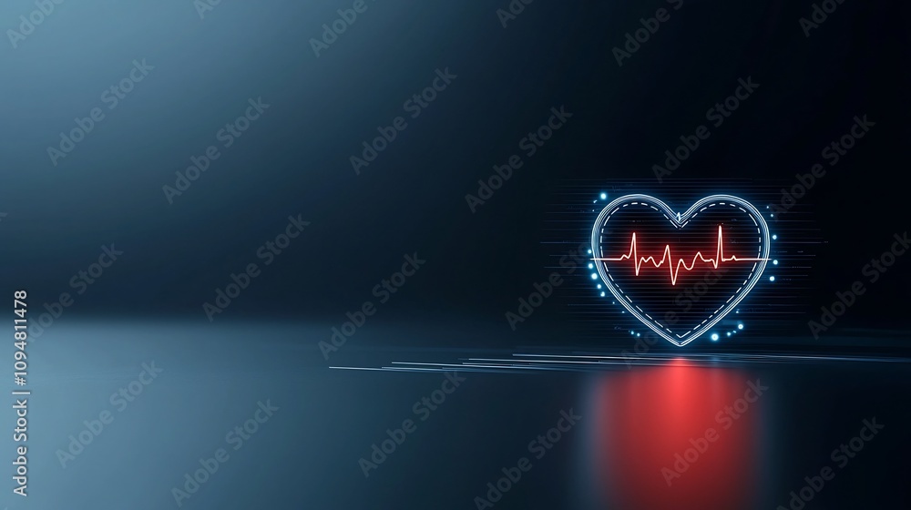 Poster Glowing heart outline with a clear pulsating electrocardiogram line surrounded by subtle dark gradients representing balance and vitality in the digital medical and healthcare industry