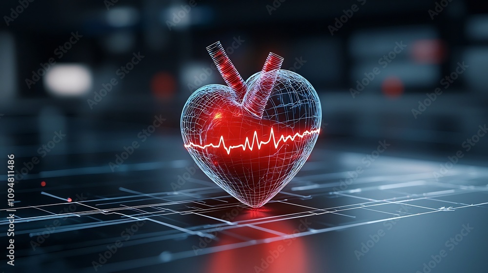 Poster glowing heart silhouette surrounded by a pulsating electrocardiogram outline representing the balanc