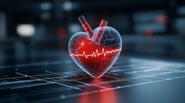 Glowing heart silhouette surrounded by a pulsating electrocardiogram outline representing the balance and vitality of the human body and its biological processes