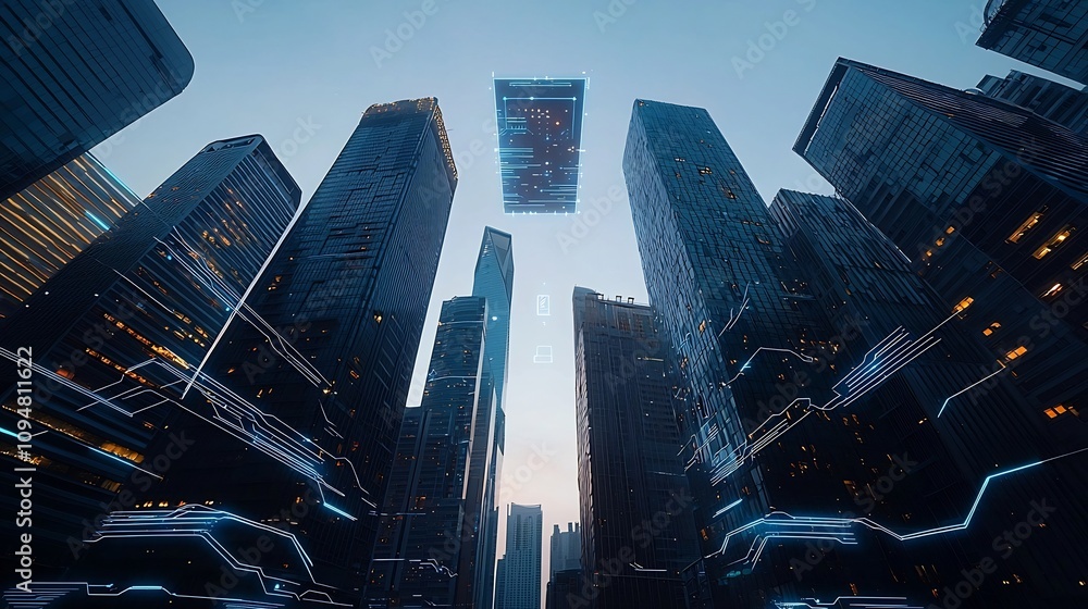 Poster Illuminated Sustainable Smart City with Futuristic Circuit Style Architecture and Glowing Node Network  Vibrant Future Urban Landscape with Interconnected Modern Buildings and Innovative Technology