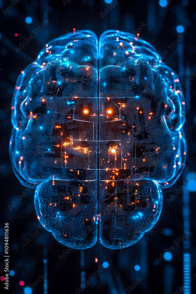 Aufkleber a digital brain illuminated with glowing circuits and lights, symbolizing the fusion of artificial i