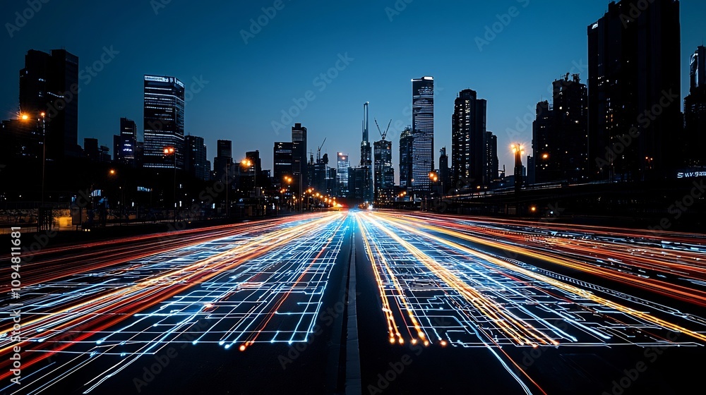 Poster futuristic smart city design featuring a skyline of advanced skyscrapers blended with dynamic digita