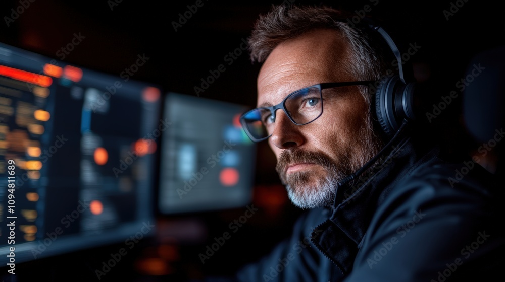 Poster man focused on computer screens while working late at night in a dark office environment