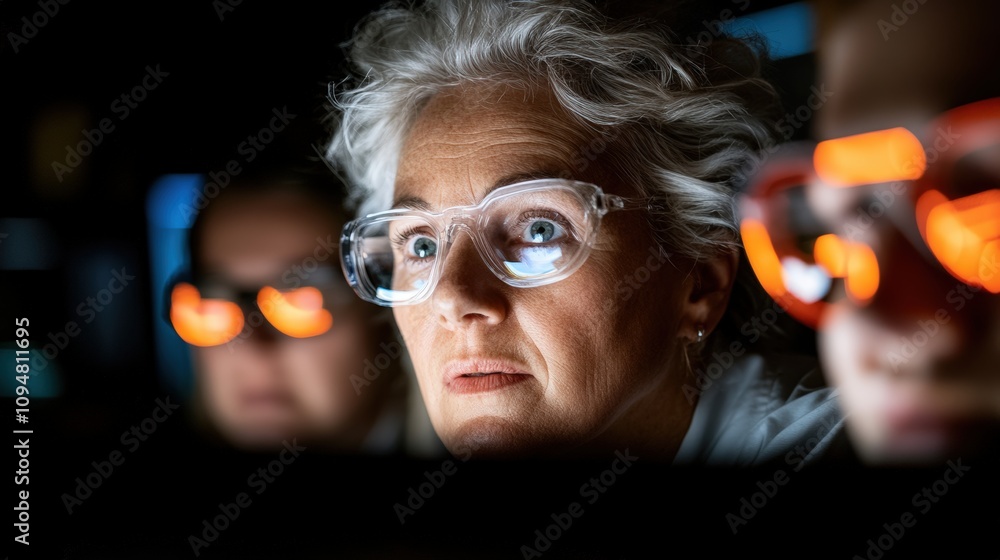 Poster focused scientists analyzing data in a lab setting during a research project at night