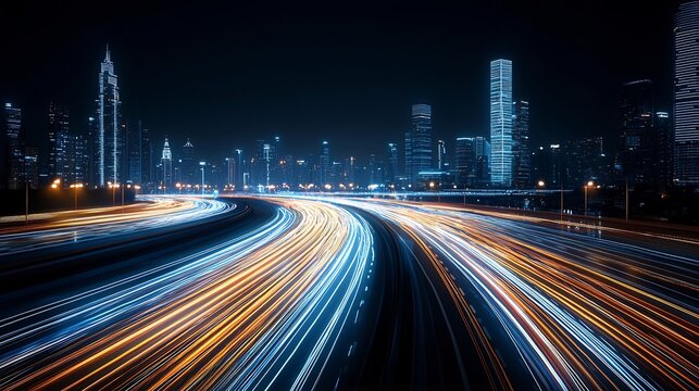 Futuristic smart city design featuring a skyline of advanced skyscrapers and digital inspired light trails forming a connected network promoting sustainability and urban innovation