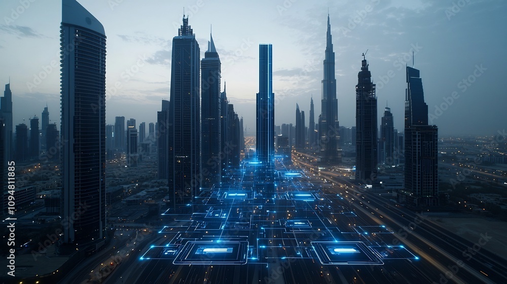 Aufkleber Sleek and futuristic cityscape showcasing advanced architectural designs with vibrant circuit like light connections that interlink sustainable urban solutions and innovative technologies for a smart