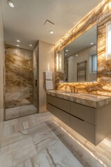 Modern bathroom with floor-to-ceiling stone tiles, floating vanity with integrated lighting, and a frameless walk-in shower.