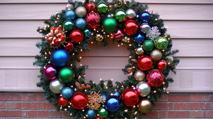 Christmas wreath decorated with various colorful ornaments and twinkling lights, adding a joyful holiday touch