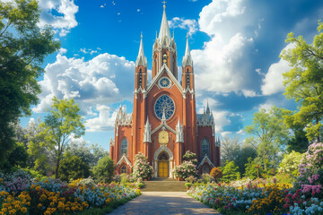 A church with a walkway in front of it surrounded by flowers