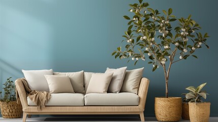 Scandinavian farmhouse living room with a rustic sofa and wooden side table next to a wicker basket filled with greenery. Blue walls give the space warmth.