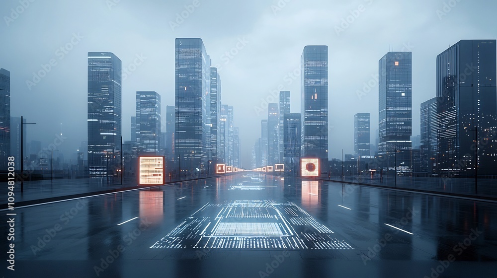 Poster futuristic eco city featuring modern sustainable buildings with glowing digital pathways symbolizing