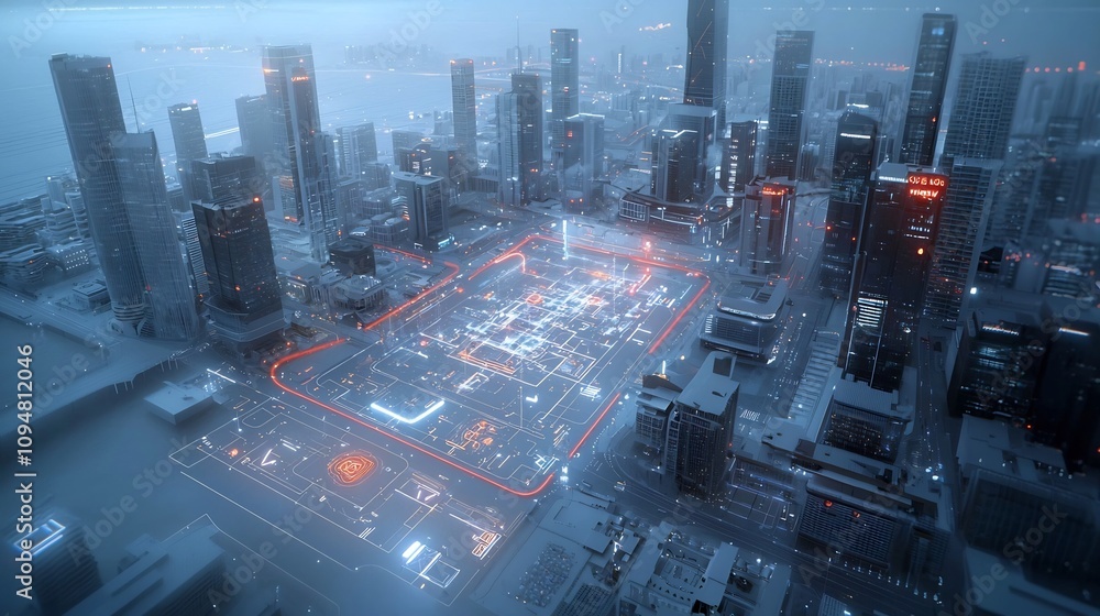 Poster Futuristic eco friendly smart city architecture showcasing a distributed network of glowing light patterns that resemble interconnected circuits
