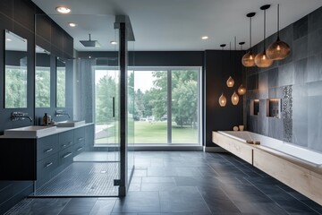 Modern bathroom with large-format dark tiles, a glass walk-in shower, and hanging pendant lights over the vanity.