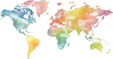 Colorful watercolor world map on transparent background.