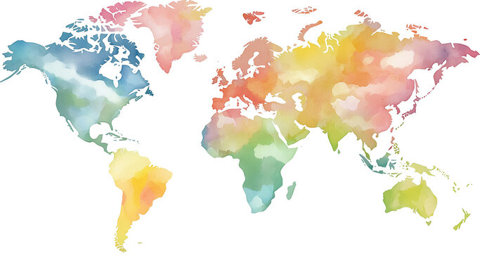 Colorful watercolor world map on transparent background.