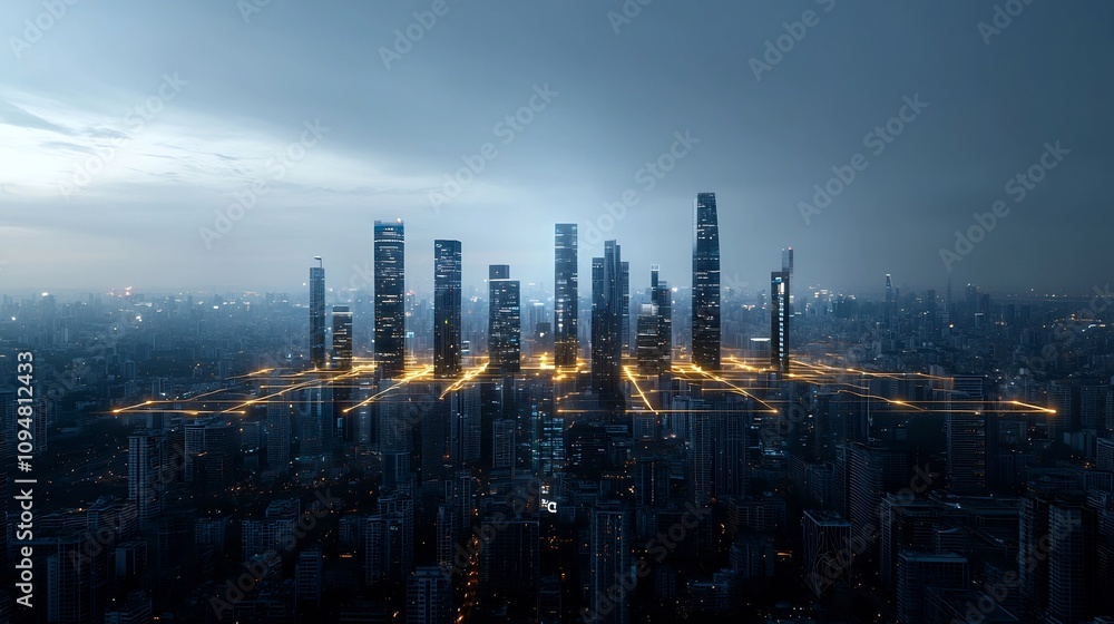 Fototapete Visionary smart city displaying a futuristic skyline of sustainable buildings interwoven with glowing circuit light networks symbolizing advanced connectivity and innovation