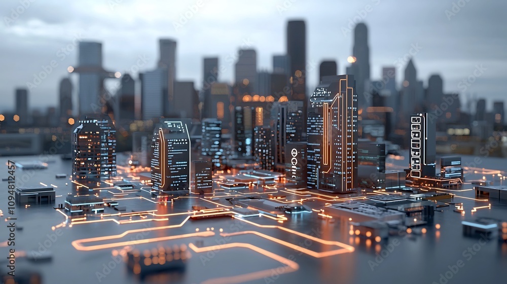 Poster Conceptual urban futuristic showcasing an interconnected city with glowing circuit like lighting patterns emphasizing sustainable and smart living in a modern digital age