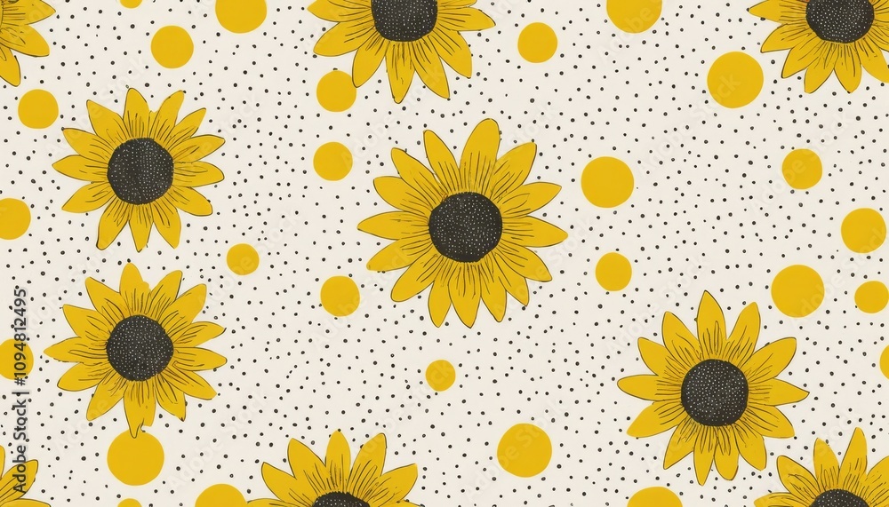 Poster cheerful pattern of sunflowers and dots on a light background creating a lively and vibrant atmosphe