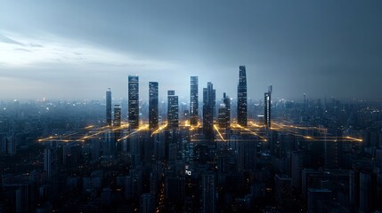 Fototapeta premium Visionary smart city displaying a futuristic skyline of sustainable buildings interwoven with glowing circuit light networks symbolizing advanced connectivity and innovation