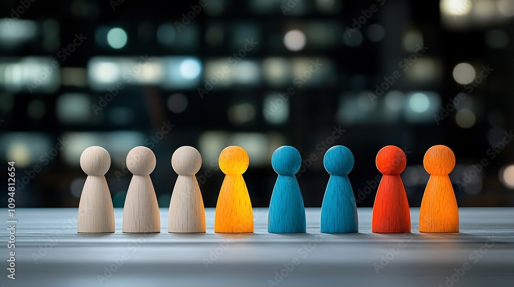 Fototapete illuminated wooden figurines standing in perfect alignment atop skyscrapers symbolizing the importan