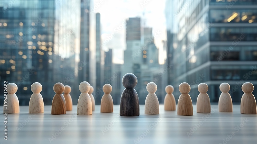 Poster illuminated wooden figurines lined up atop skyscrapers emphasizing the importance of workplace unity