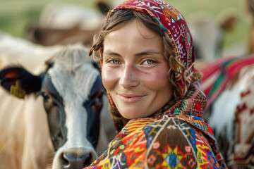 Panoramic image of shepherd with his flock of sheeps generative AI
