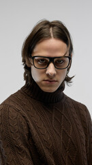 Close-up portrait of handsome young man wearing trendy glasses and brown knitted sweater, posing against light studio background. Winter collection. Concept of fashion, youth culture, urban style, ad