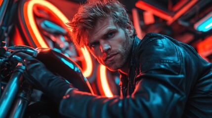 A biker posing confidently next to a motorcycle in a vibrant neon-lit setting at night
