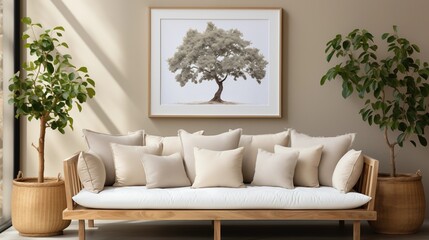 A Scandinavian-inspired living room with rustic charm, featuring a sofa, potted plant, and beige walls. Perfect for a cozy, minimalist home.