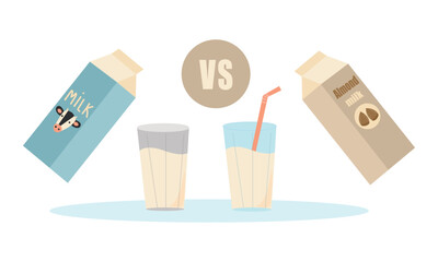 Vegetable milk vs cow s milk What is more useful soy, rice, oat, coconut, almond, cashew, hazelnut. Natural, vegetable, ecological product. Lactose free. Vector illustration.