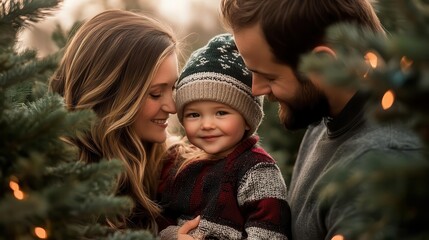 Christmas tree farm photos with vibrant lighting, soft glow, cozy family setting