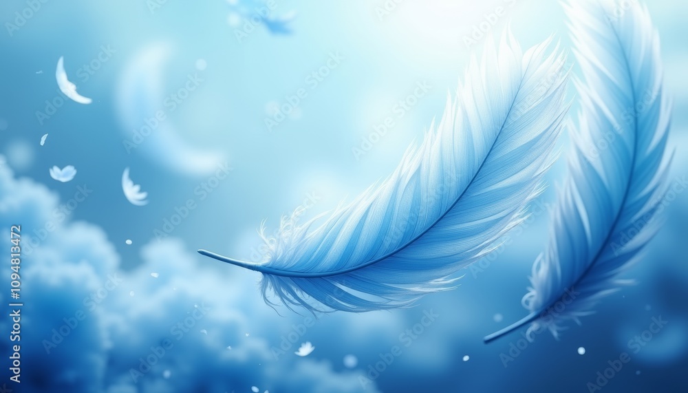 Poster Ethereal blue feathers floating gently with soft clouds and moonlight on a dreamy background
