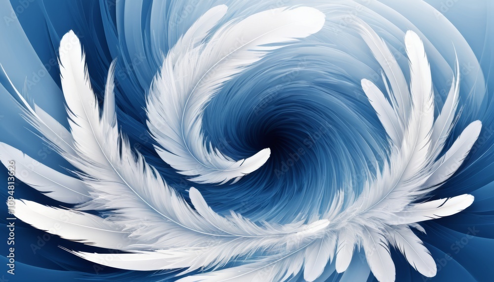 Poster swirling ethereal feathers in blue and white creating a dynamic vortex effect