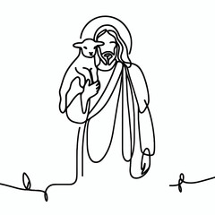 Naklejka premium Graceful portrayal of a shepherd holding a lamb amidst a serene biblical landscape
