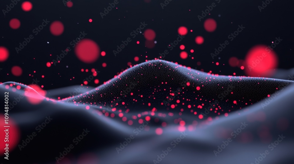 Fototapete red particles scatter above a dark wave surface in a digitally created abstract environment