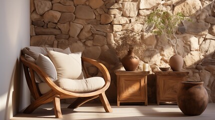 Cozy rustic living room with a wooden barrel chair, fabric cushion, and root ball wooden table against a venetian stucco wall.