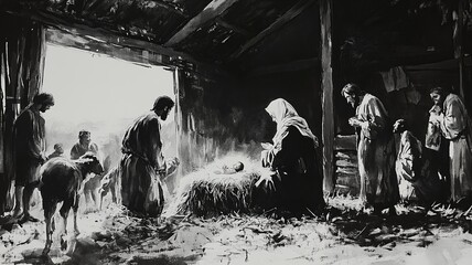 A striking black and white illustration of the Nativity, featuring Mary and Joseph gazing at baby Jesus in a barn, with curious and reverent shepherds nearby.

