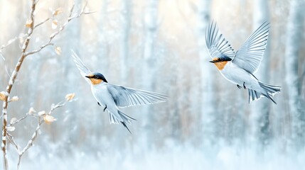 Two swallows soar elegantly amidst delicate white flowers, showcasing soft blue and grey hues in a tranquil atmosphere