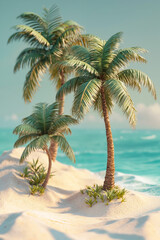 Obraz premium Two palm trees on a sandy beach next to the ocean