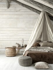 Cozy Rustic Bedroom Interior Design with Canopy Bed and Wooden Beams.