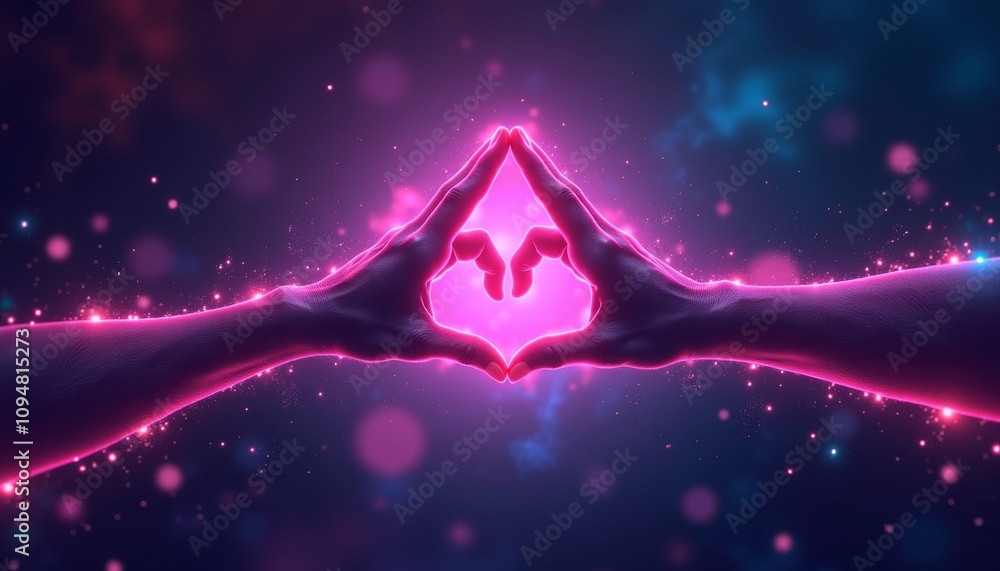 Poster illuminated hands forming a heart shape with glowing effects against a mystical background