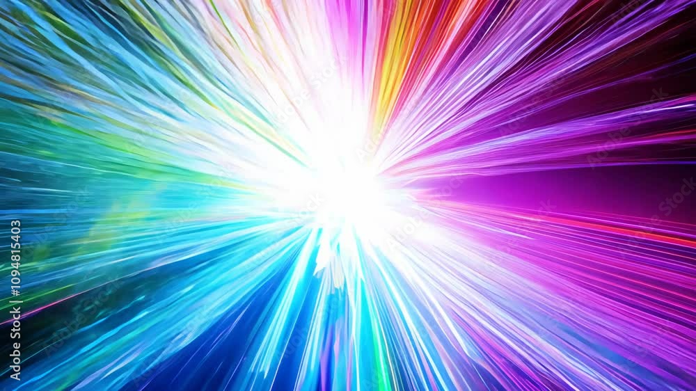 Poster camera tilts to capture an explosion of bright, clear colors, light beams scatter creating a prismat