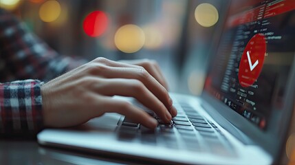 Man's fingers typing on a laptop, banned media, and a sensitive content icon