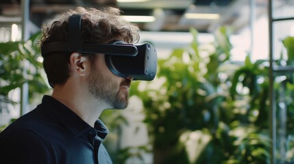 Man Experiencing Virtual Reality In A Green Setting