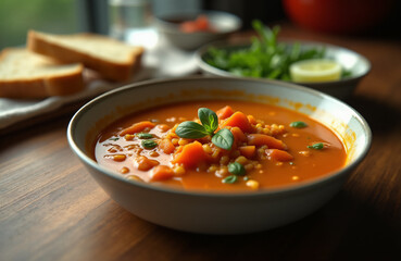 Hot vegetable soup with slices of bread on the kitchen table.
