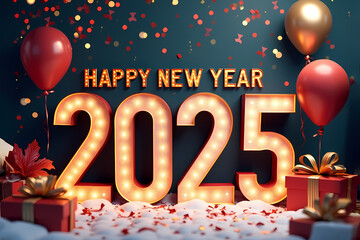 Happy New Year 2025 Template with Balloons, Confetti, Fireworks, Ribbon, Gifts, Snow, & Festive Winter Decorations. 
Creative elegant New Year Greeting Card, Banner, Background 3D Design Holiday style
